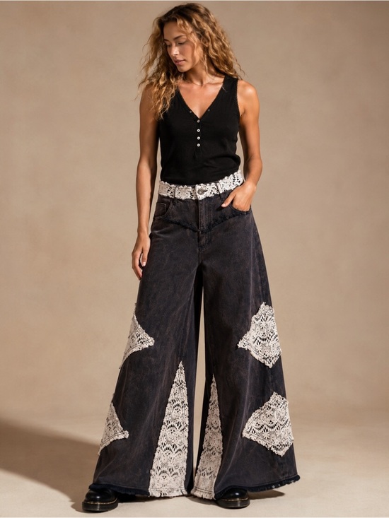 POL Denim - POL Crochet Patch Wide Leg Jeans Antique Navy Boho Cotton M Festival